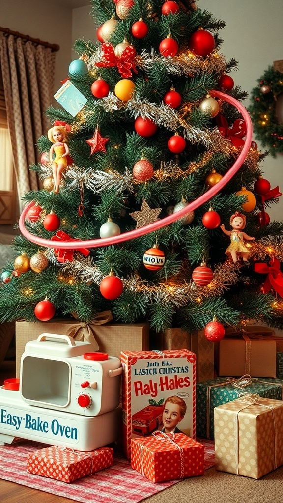 A nostalgic Christmas scene with 1960s toys like Barbie, Easy-Bake Oven, and Hula Hoop under a decorated tree.